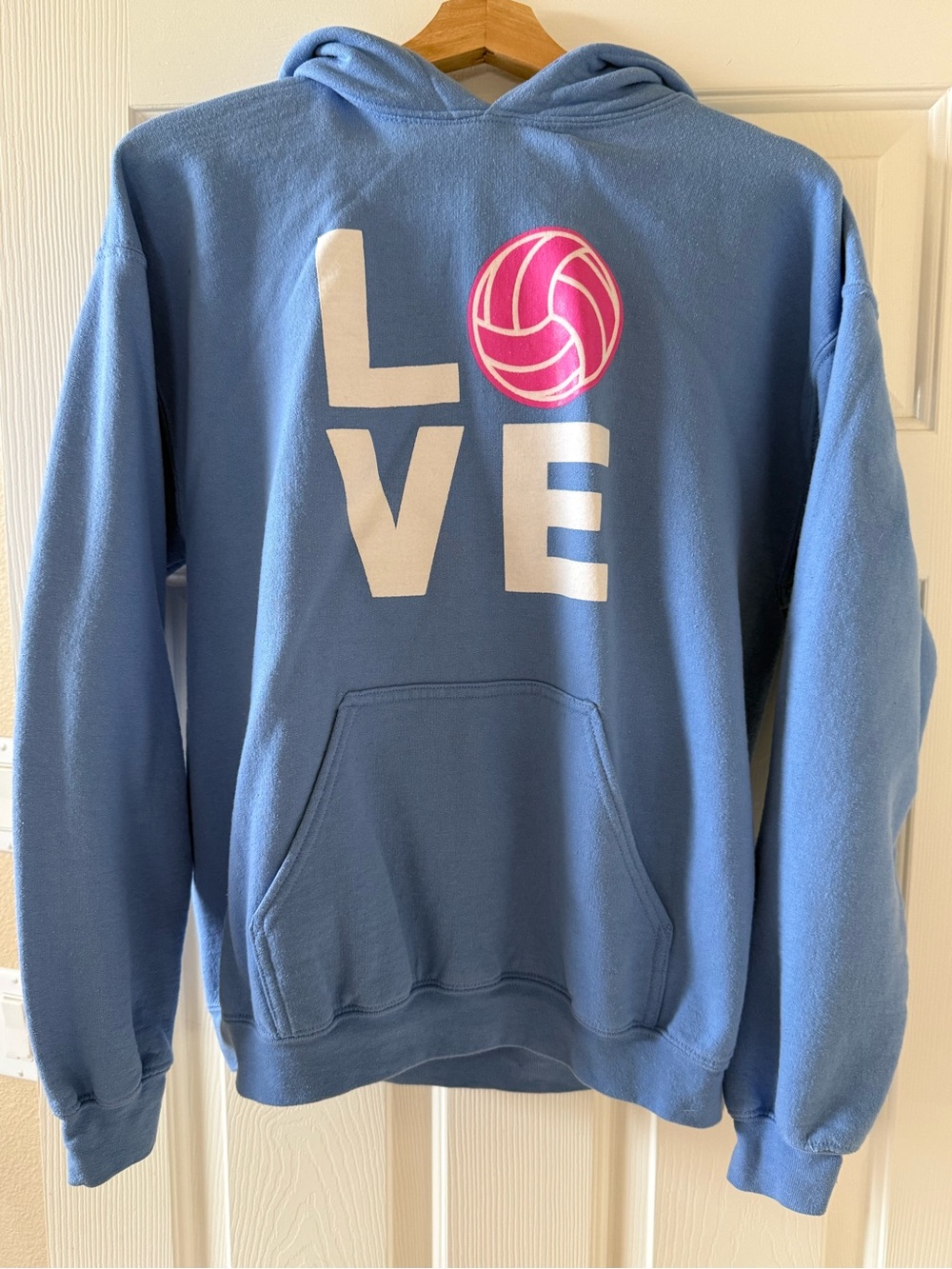 Blue LOVE Volleyball Hoodie with Pink Ball Graphic